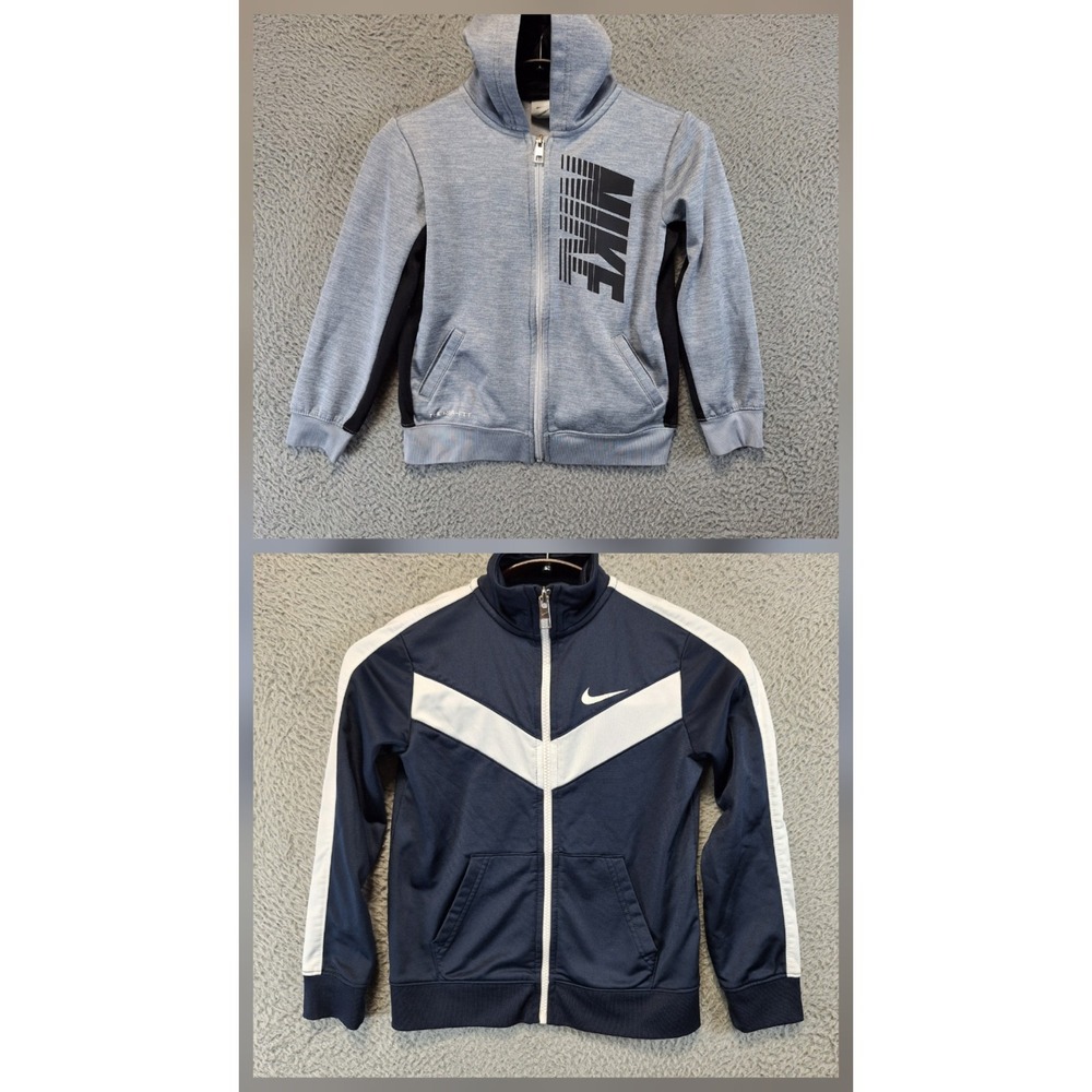 Lot Of 2 Nike Track Jacket Boys 7/L Gray Blue Dri Fit Therma Fleece Lined Zip Up